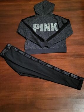 PINK Victoria's Secret Bling Active Charcoal Gray & Black Hoodie Set
